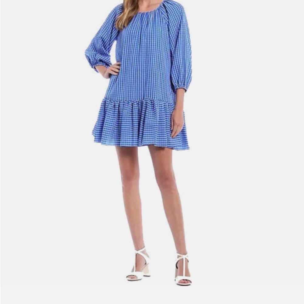 LDT Ruffled Seersucker Blue White Sleeve Poof Swing Dress Mini